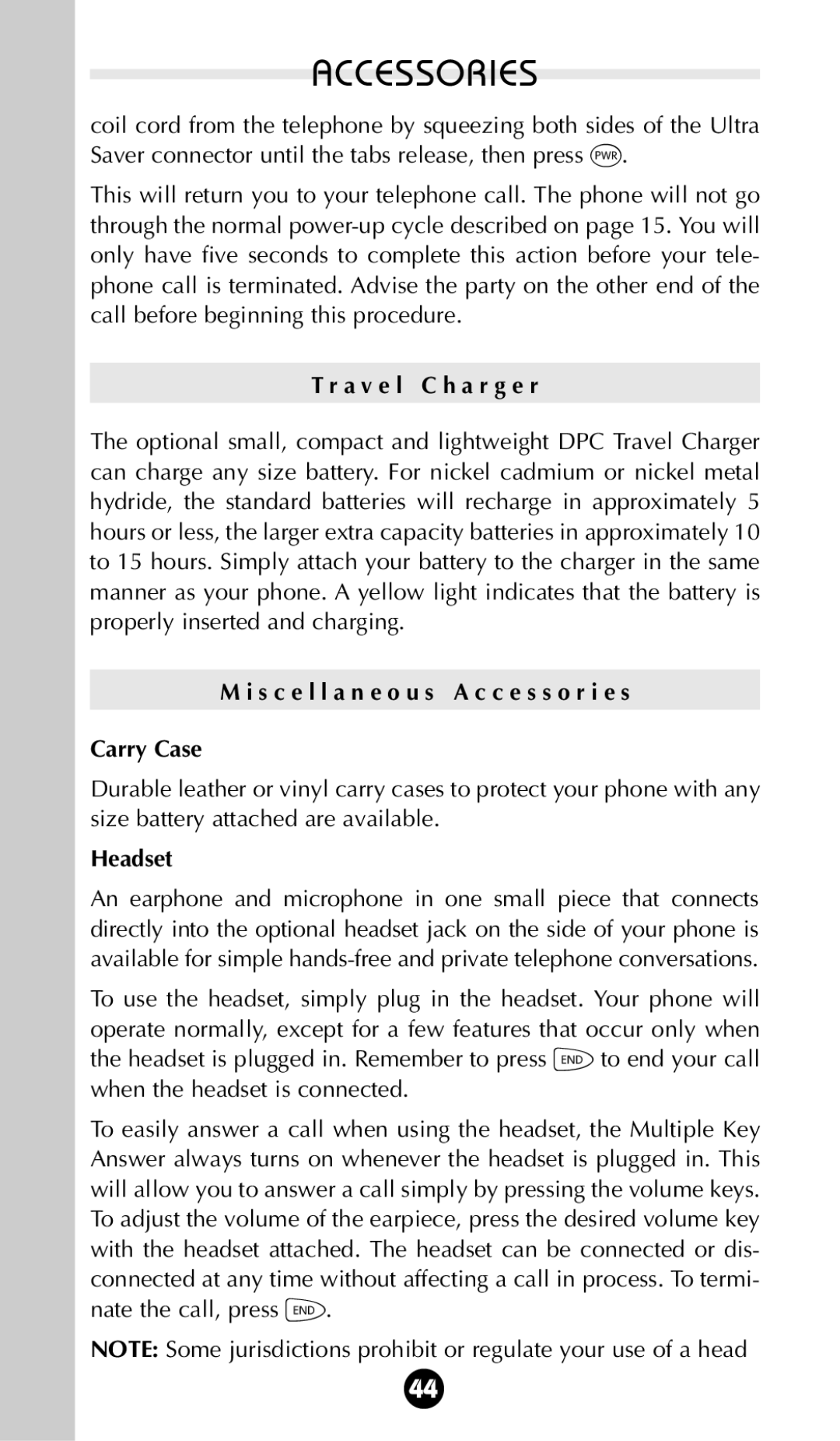 Motorola StarTAC 85 owner manual A v e l C h a r g e r, S c e l l a n e o u s a c c e s s o r i e s Carry Case, Headset 