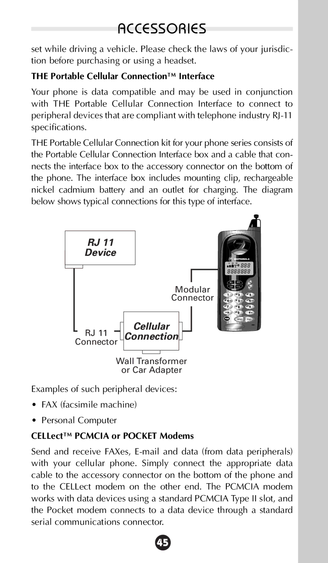 Motorola StarTAC 85 owner manual Portable Cellular Connection Interface, CELLect Pcmcia or Pocket Modems 