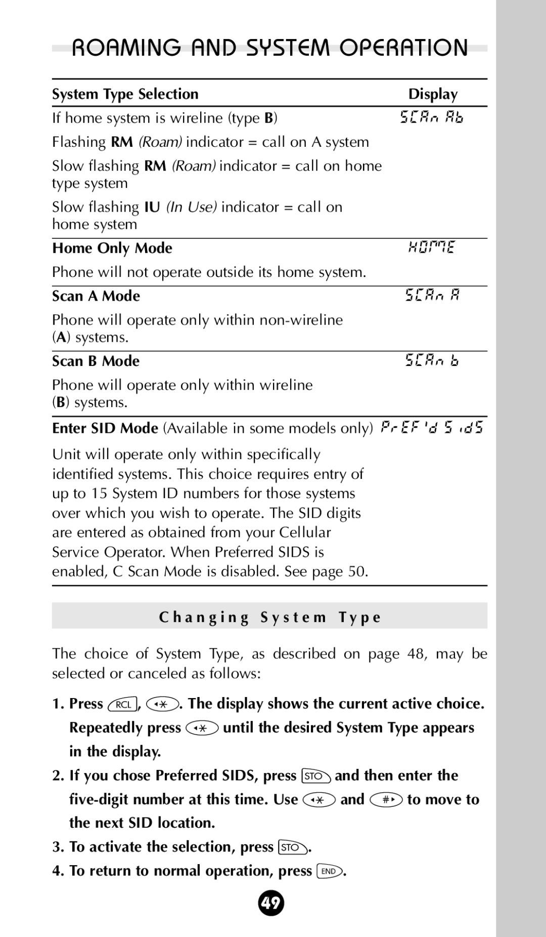 Motorola StarTAC 85 owner manual Home Only Mode, Scan a Mode, Scan B Mode, A n g i n g S y s t e m T y p e 