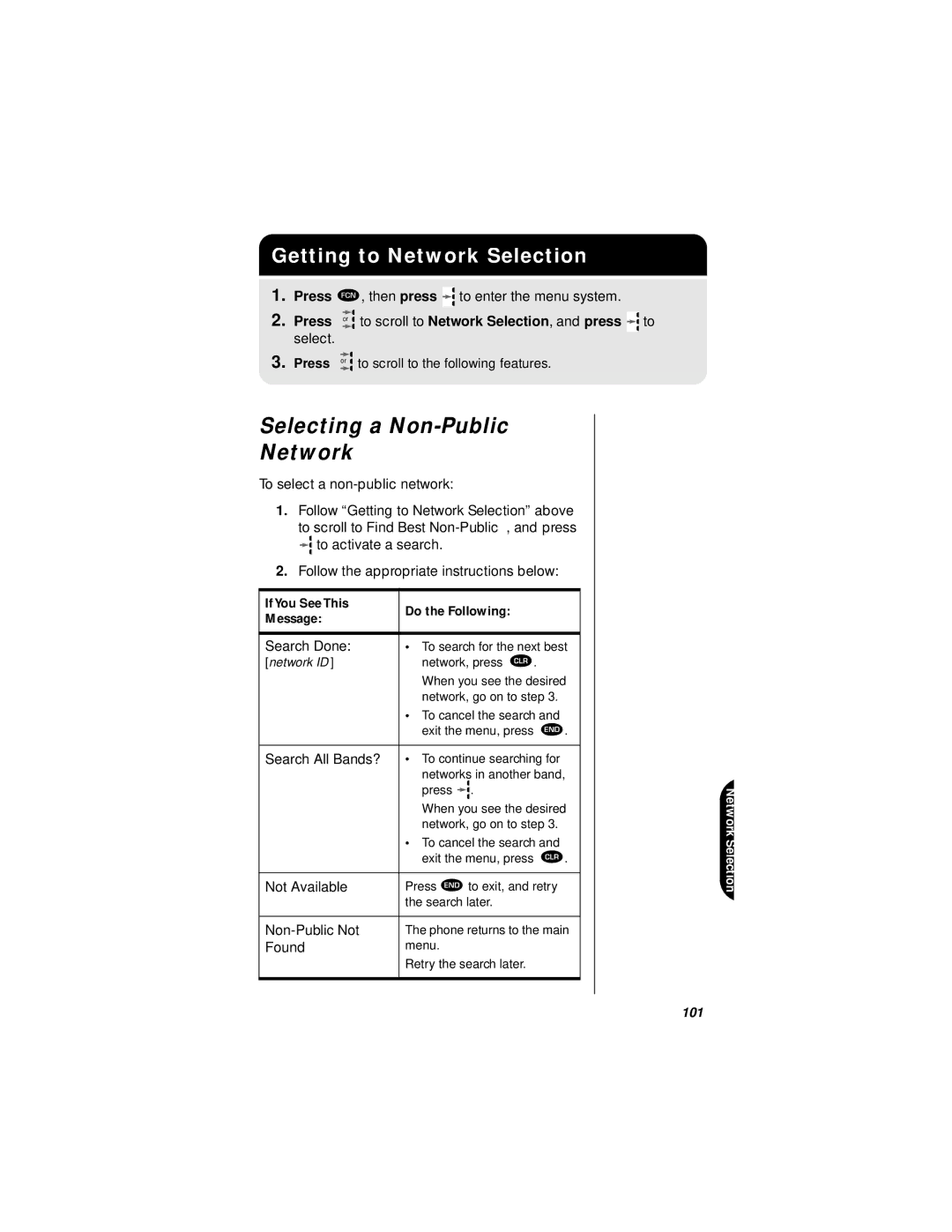 Motorola StarTAC specifications Selecting a Non-Public Network, Getting to Network Selection 