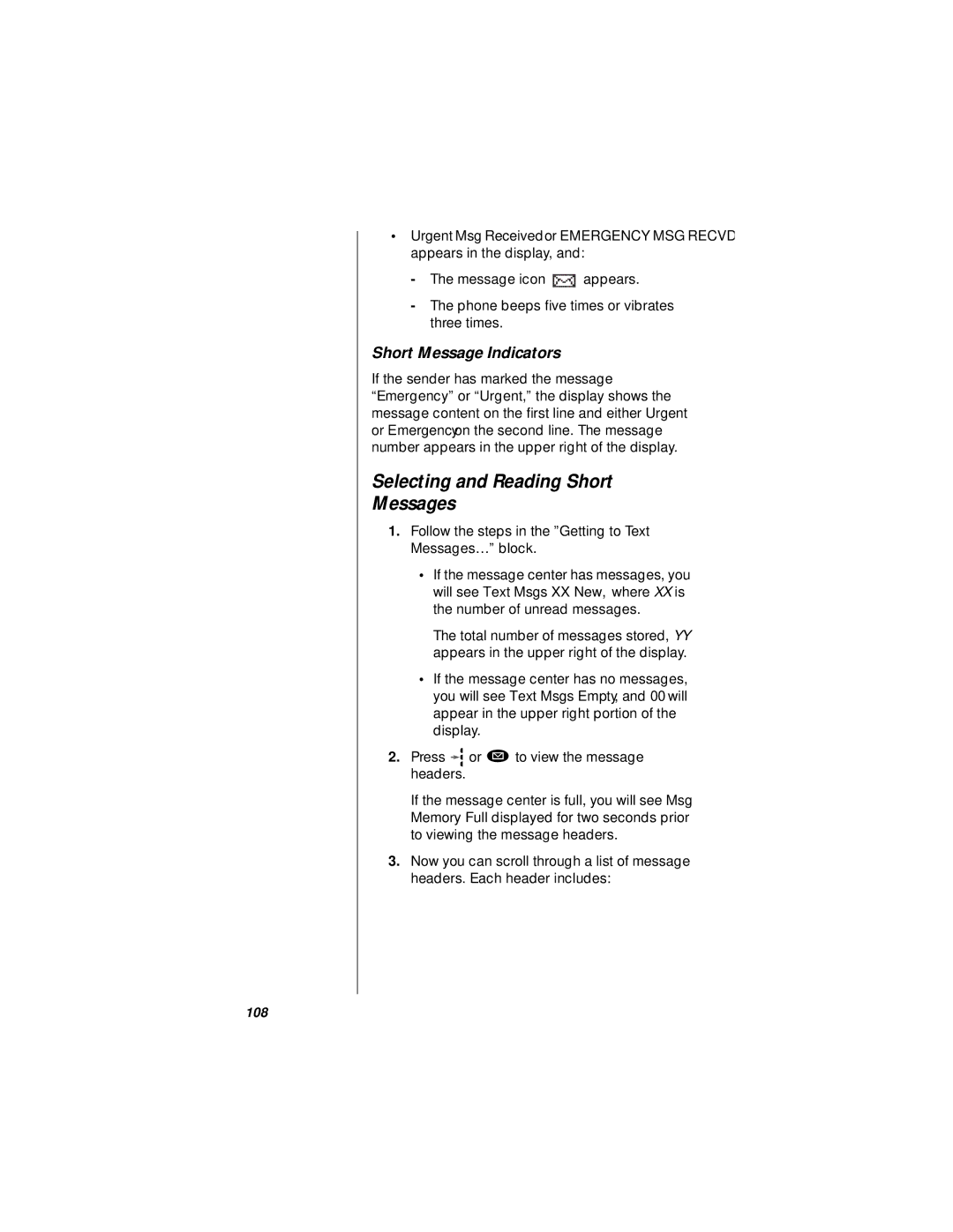 Motorola StarTAC specifications Selecting and Reading Short Messages, Short Message Indicators 