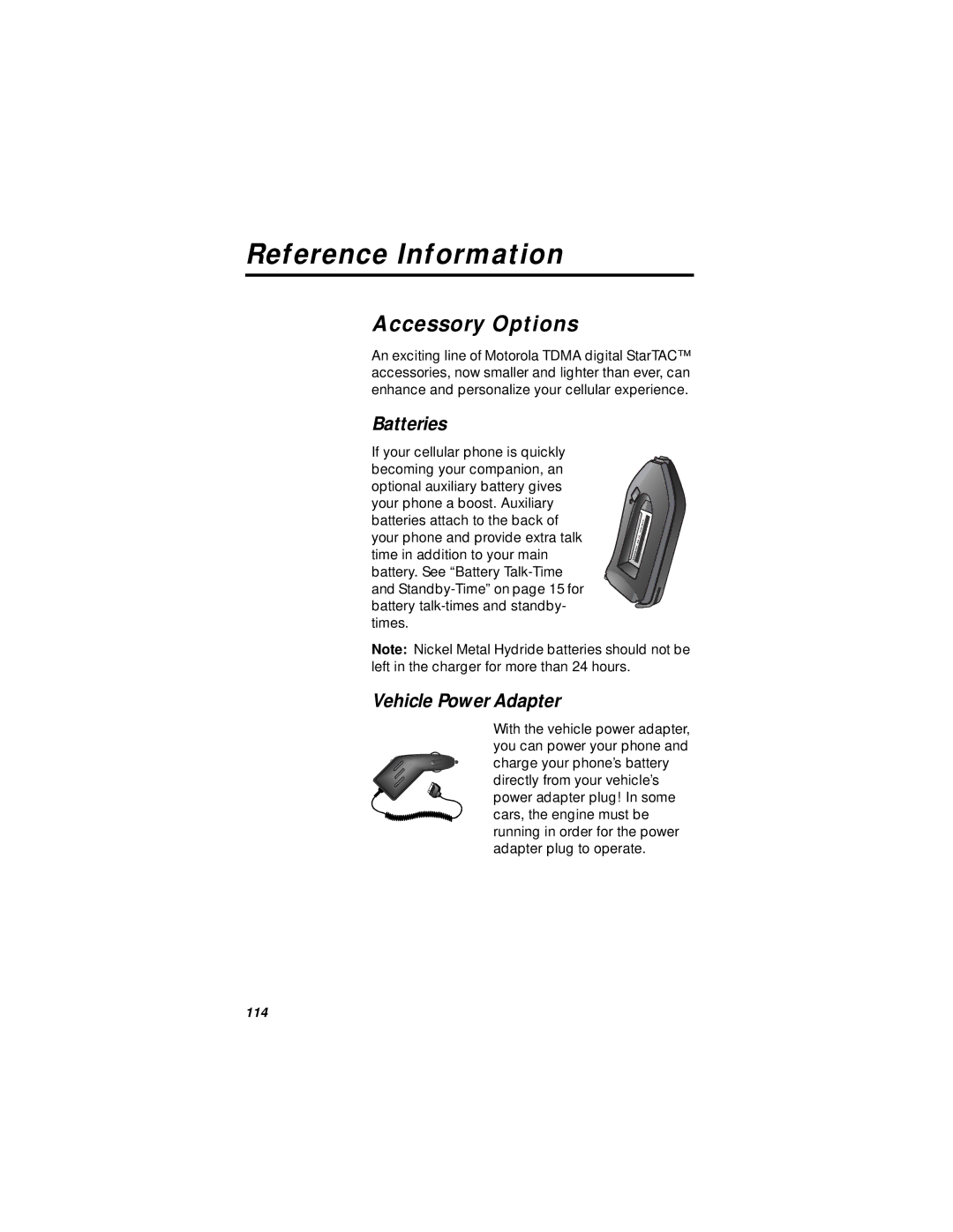 Motorola StarTAC specifications Reference Information, Accessory Options, Vehicle Power Adapter 