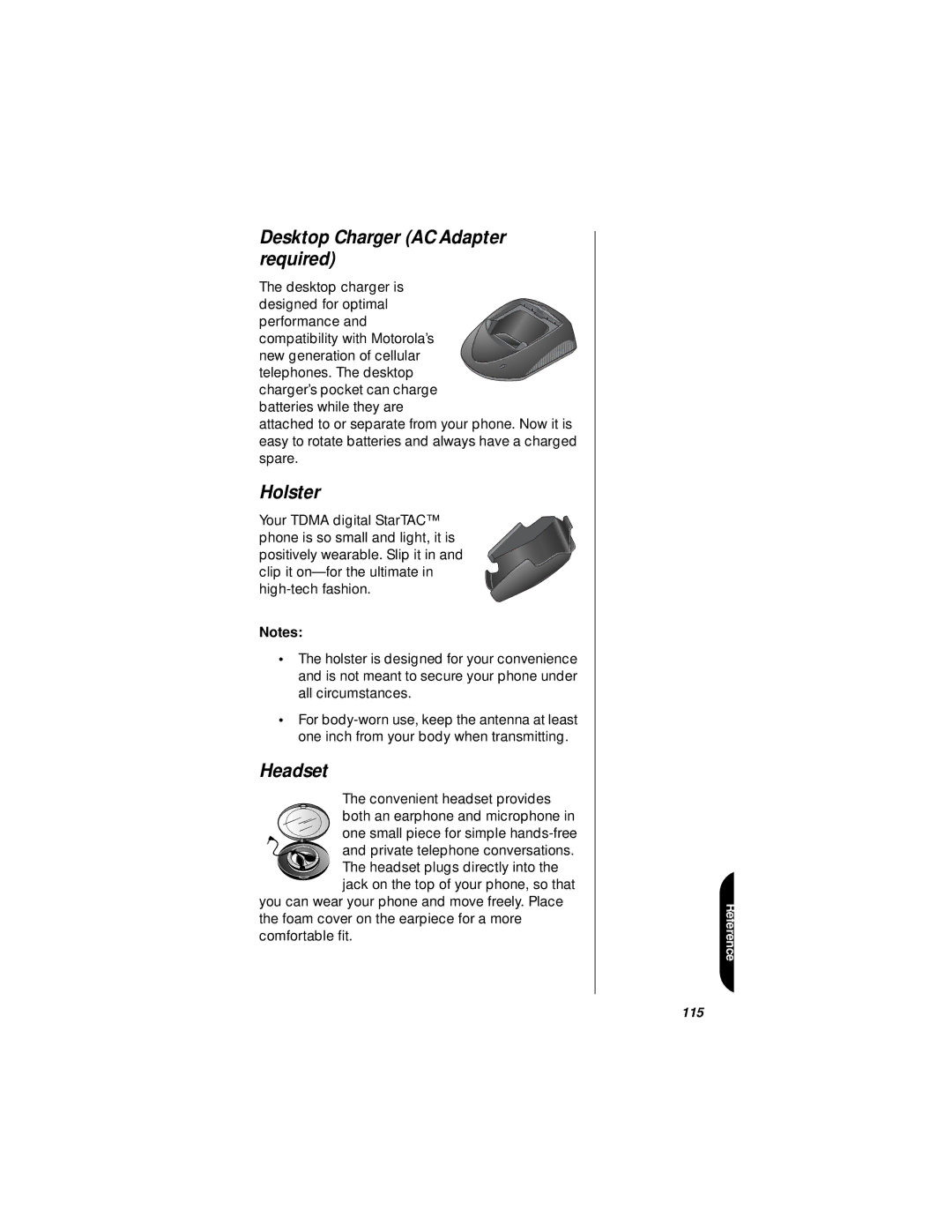 Motorola StarTAC specifications Desktop Charger AC Adapter required, Holster, Headset 