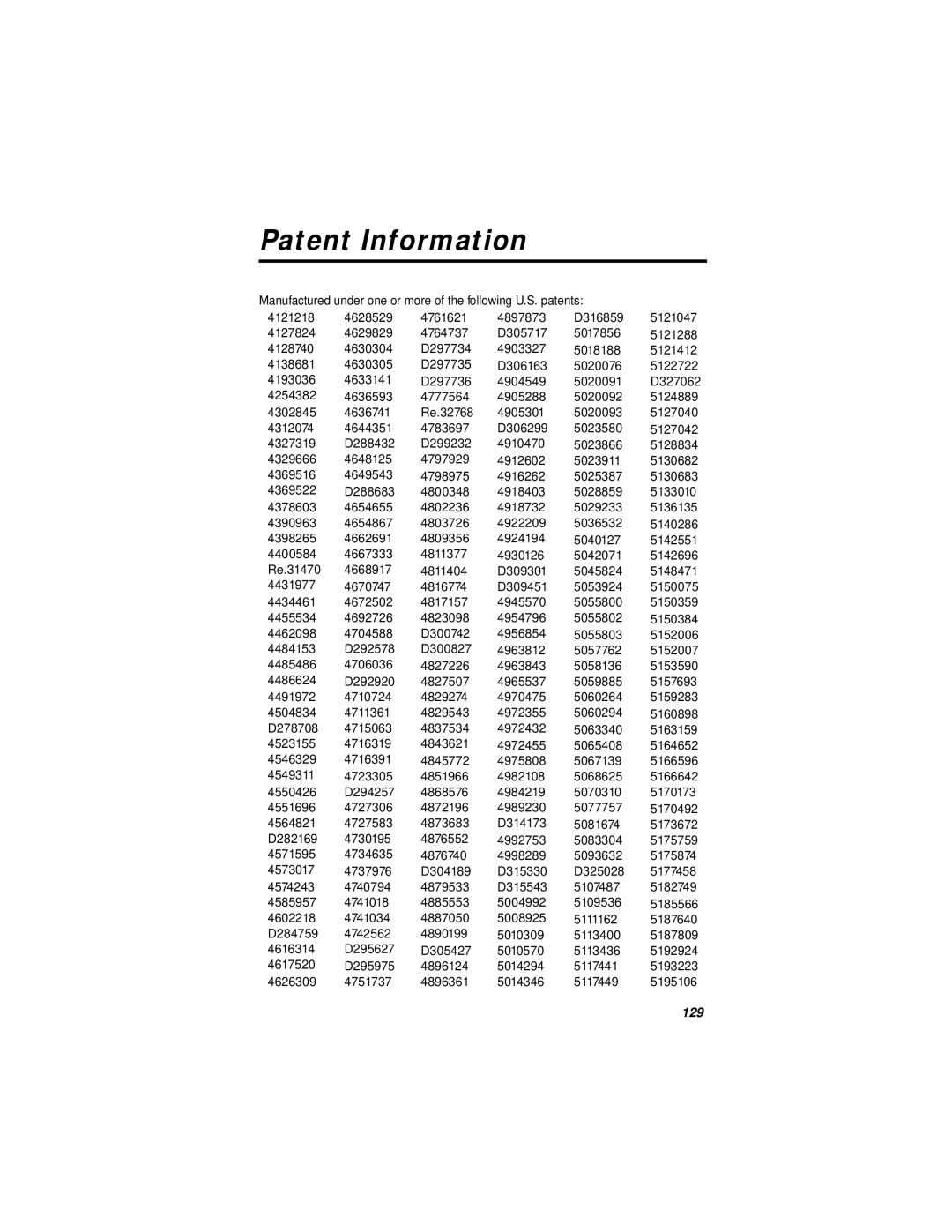 Motorola StarTAC specifications Patent Information, 129 