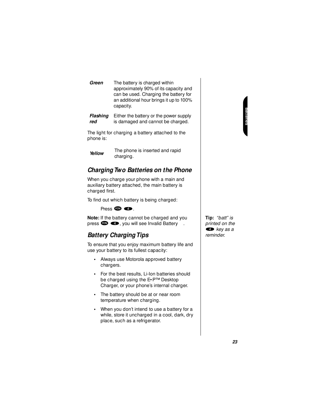 Motorola StarTAC specifications Charging Two Batteries on the Phone, Battery Charging Tips 