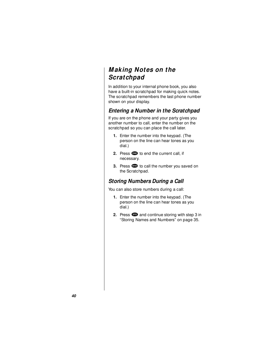 Motorola StarTAC Making Notes on Scratchpad, Entering a Number in the Scratchpad, Storing Numbers During a Call 