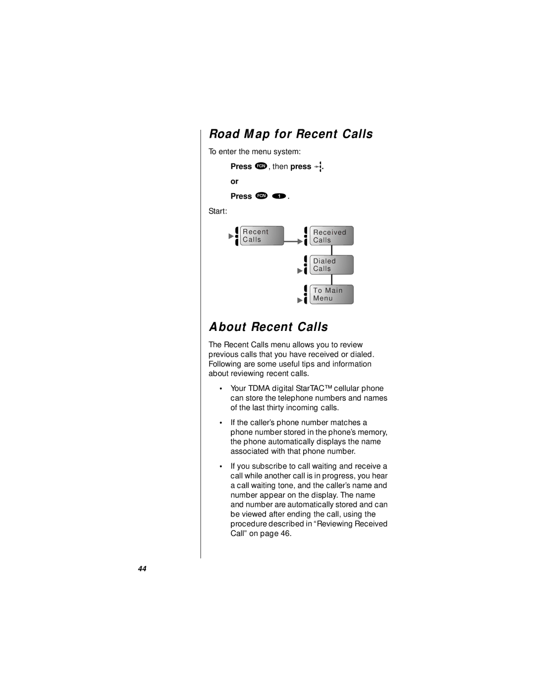 Motorola StarTAC specifications Road Map for Recent Calls, About Recent Calls 