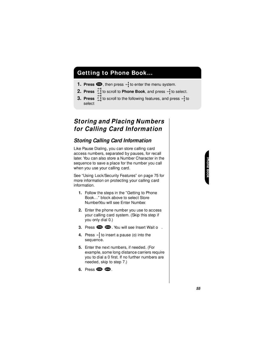 Motorola StarTAC specifications Storing and Placing Numbers for Calling Card Information, Storing Calling Card Information 