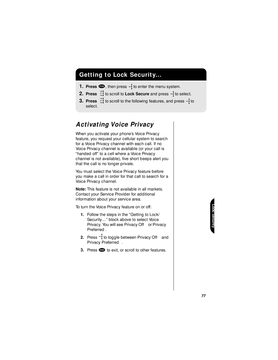 Motorola StarTAC specifications Activating Voice Privacy, Getting to Lock Security 