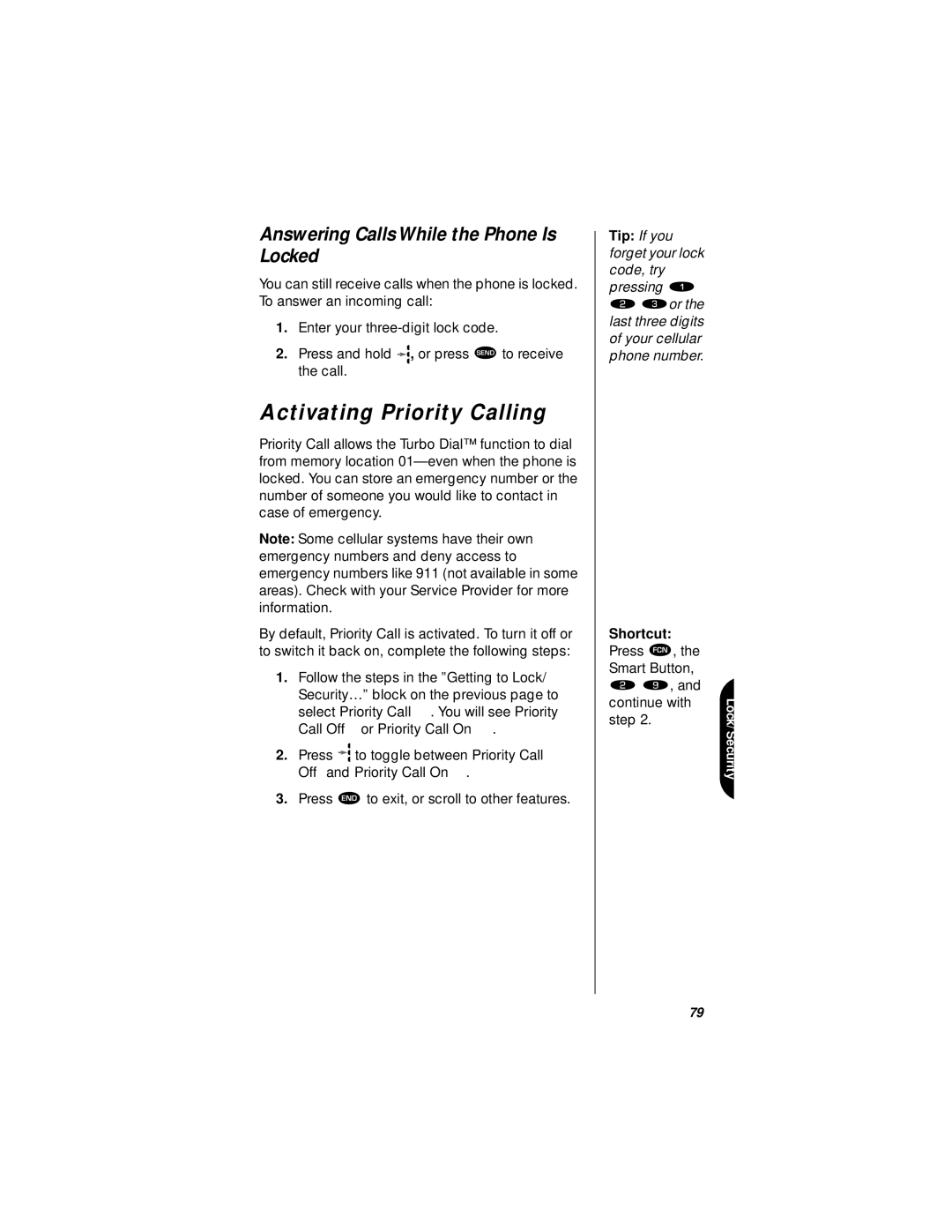 Motorola StarTAC specifications Activating Priority Calling, Answering Calls While the Phone Is Locked 