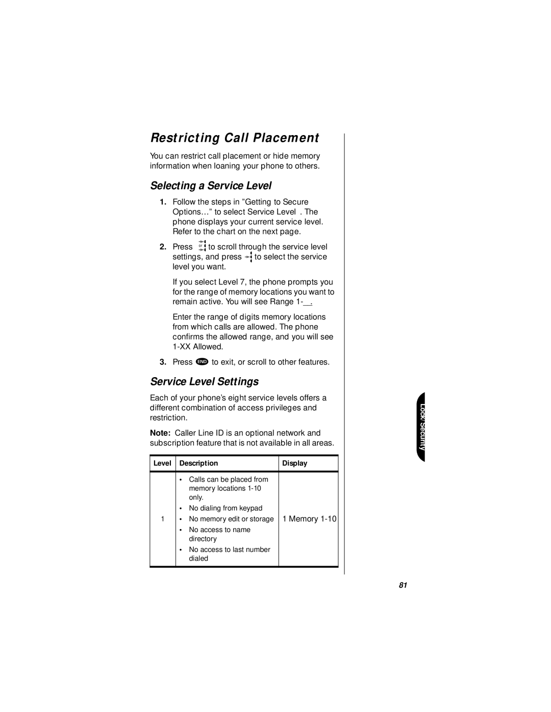 Motorola StarTAC specifications Restricting Call Placement, Selecting a Service Level, Service Level Settings 