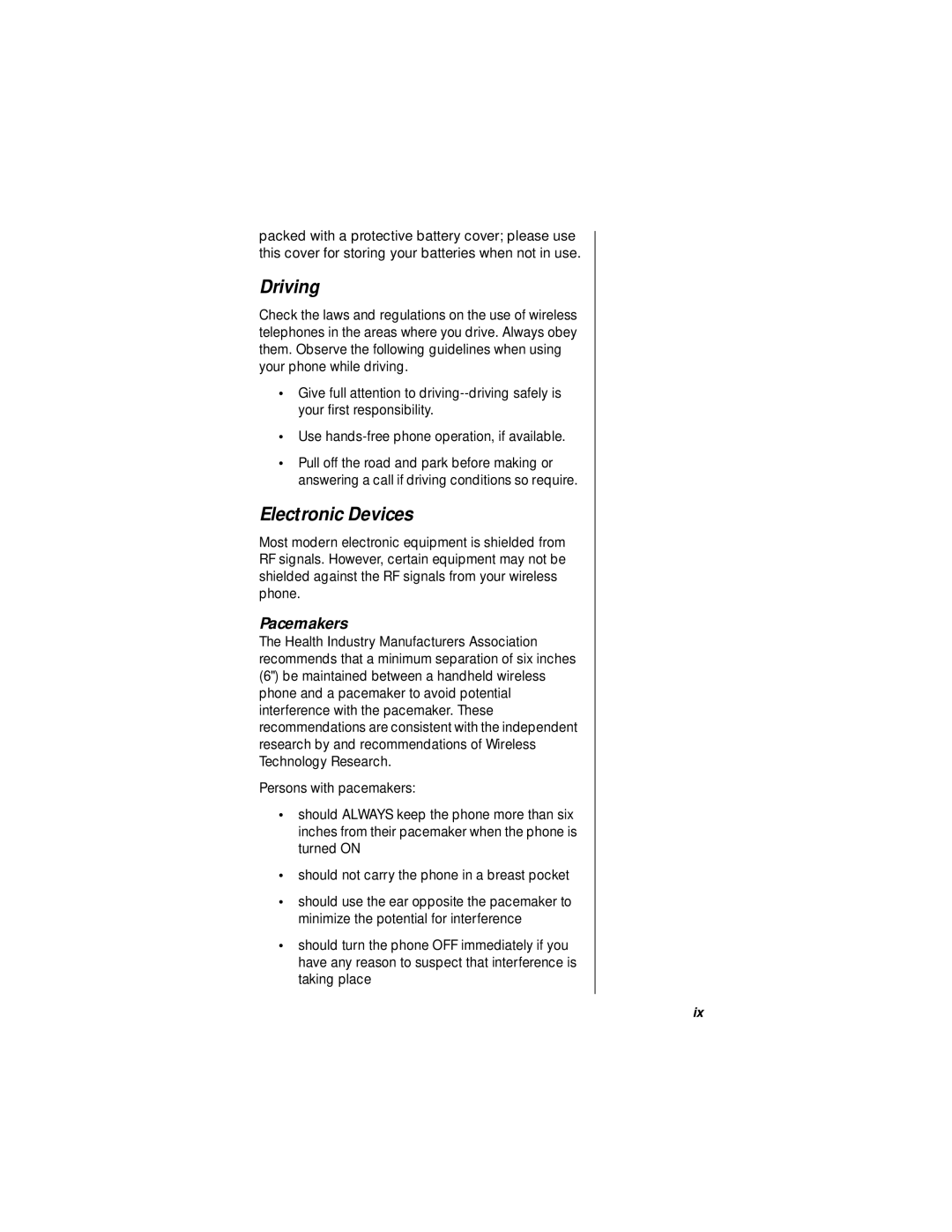 Motorola StarTAC specifications Driving, Electronic Devices, Pacemakers 