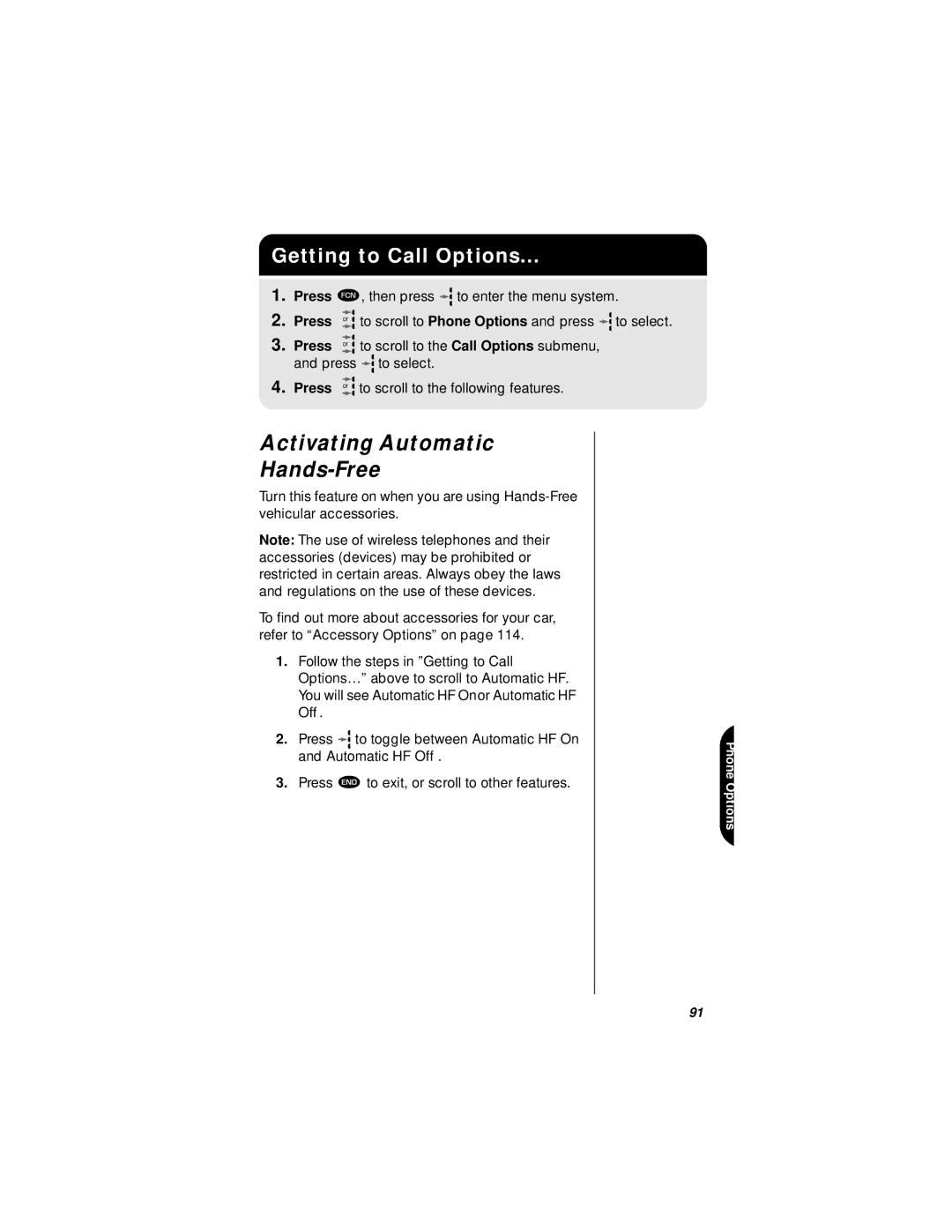 Motorola StarTAC specifications Activating Automatic Hands-Free, Getting to Call Options 