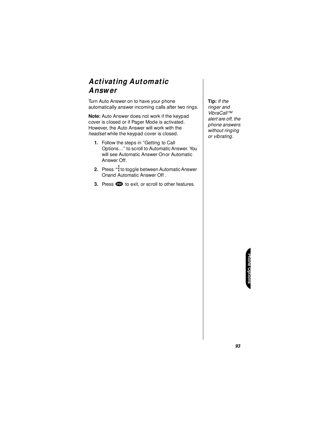 Motorola StarTAC specifications Activating Automatic Answer 