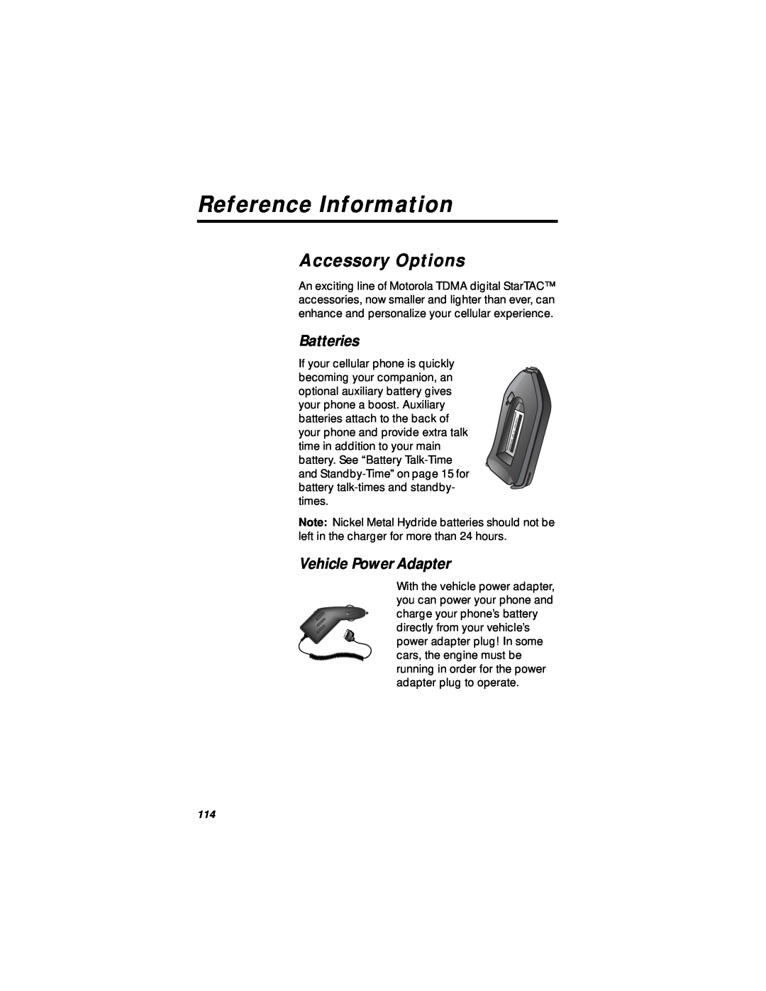 Motorola StarTAC specifications Reference Information, Accessory Options, Vehicle Power Adapter, Batteries 