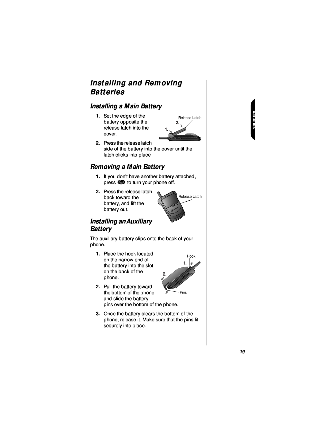 Motorola StarTAC specifications Installing and Removing Batteries, Installing a Main Battery, Removing a Main Battery 
