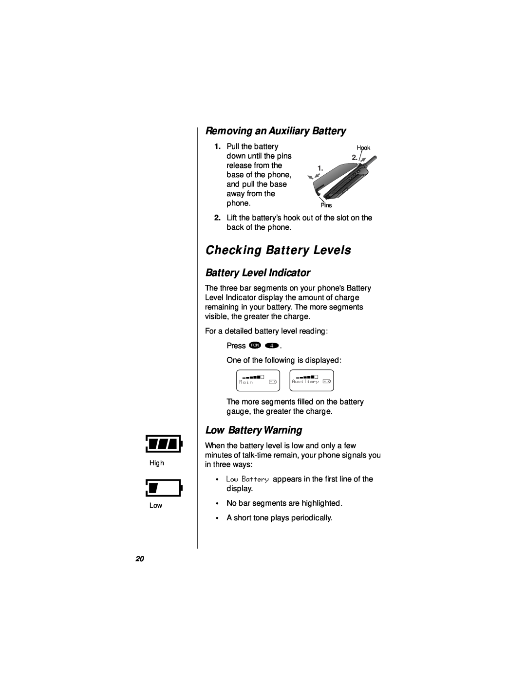 Motorola StarTAC Checking Battery Levels, Removing an Auxiliary Battery, Battery Level Indicator, Low Battery Warning 