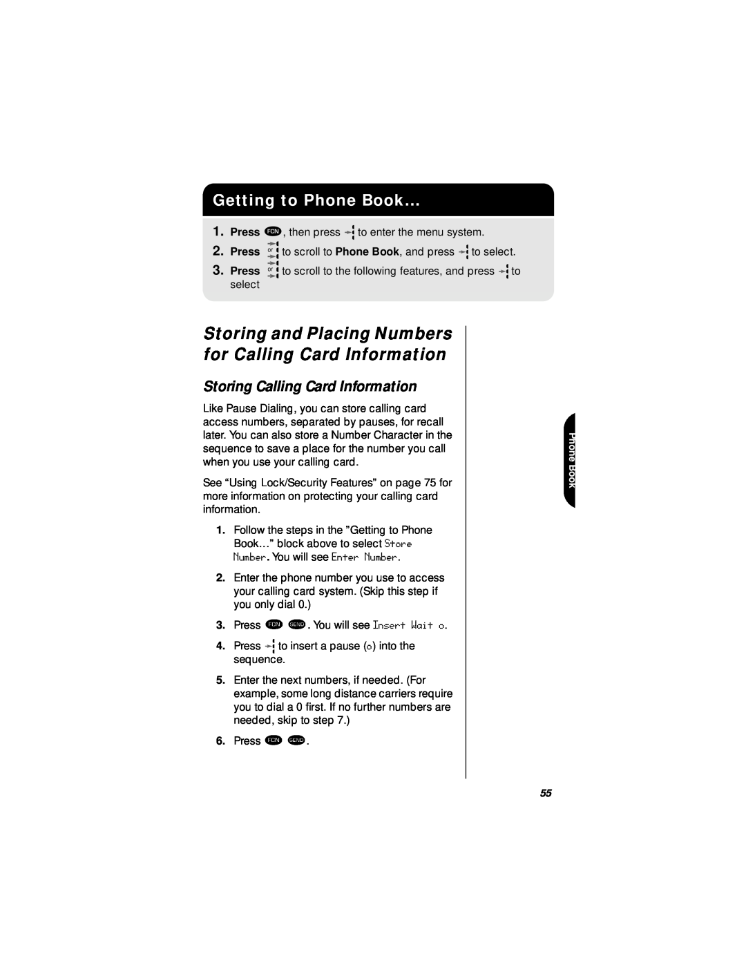 Motorola StarTAC specifications Storing and Placing Numbers for Calling Card Information, Storing Calling Card Information 