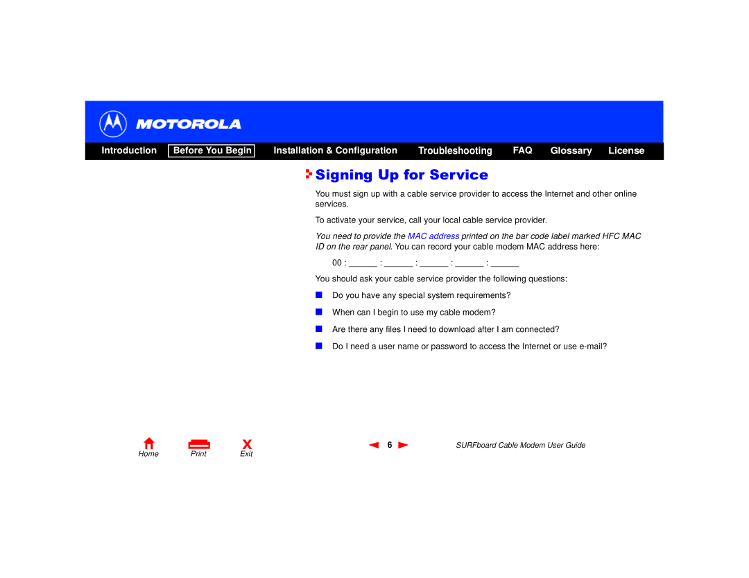 Motorola SURFboard Cable Modem manual Signing Up for Service 