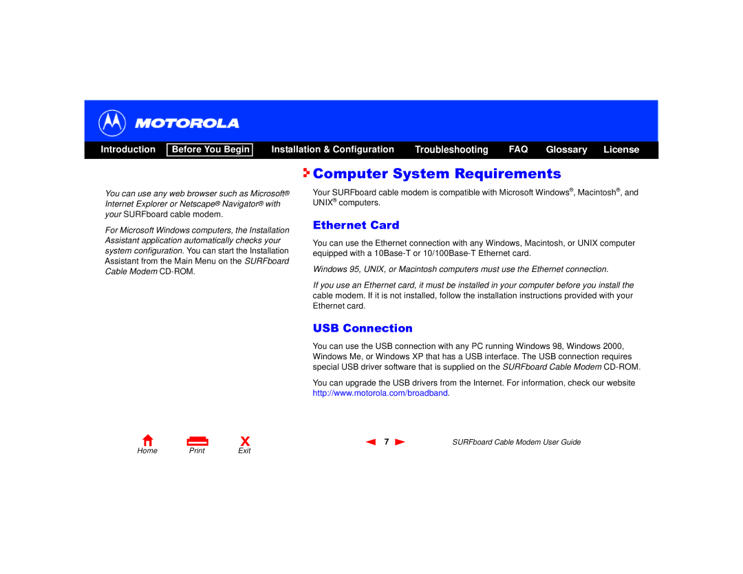 Motorola SURFboard Cable Modem manual Computer System Requirements, Ethernet Card 