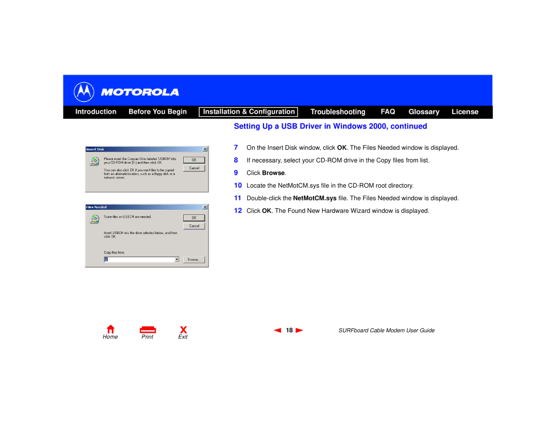 Motorola SURFboard Cable Modem manual Setting Up a USB Driver in Windows 