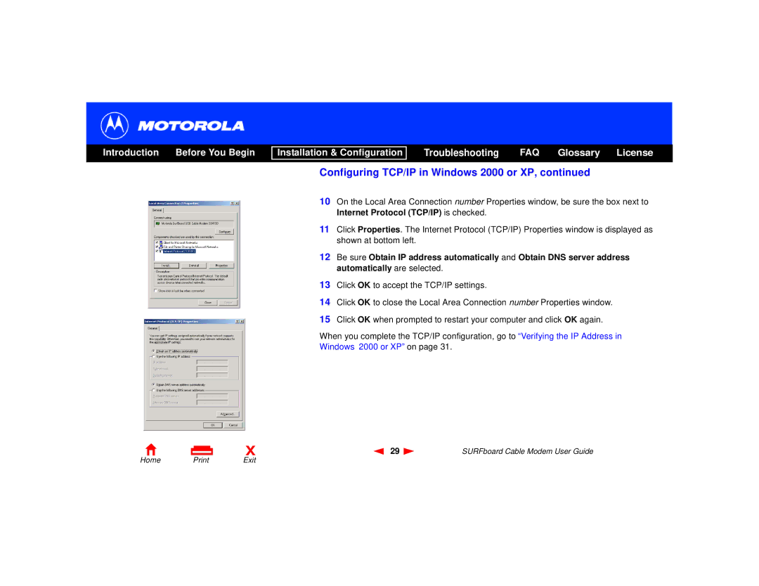 Motorola SURFboard Cable Modem manual Configuring TCP/IP in Windows 2000 or XP 