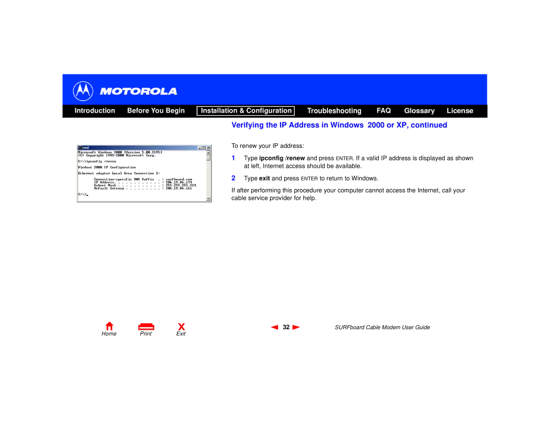 Motorola SURFboard Cable Modem manual Verifying the IP Address in Windows 2000 or XP 