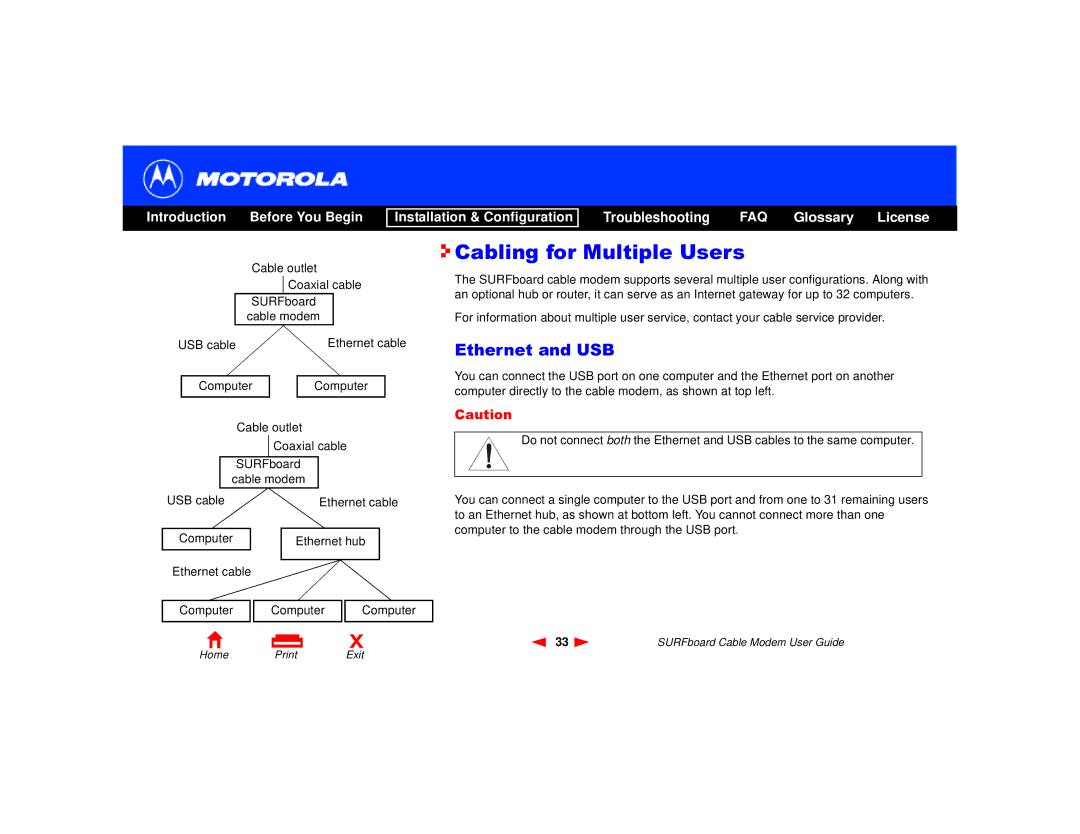 Motorola SURFboard Cable Modem manual Cabling for Multiple Users, Ethernet and USB 