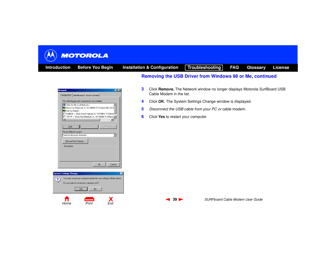 Motorola SURFboard Cable Modem manual Removing the USB Driver from Windows 98 or Me 