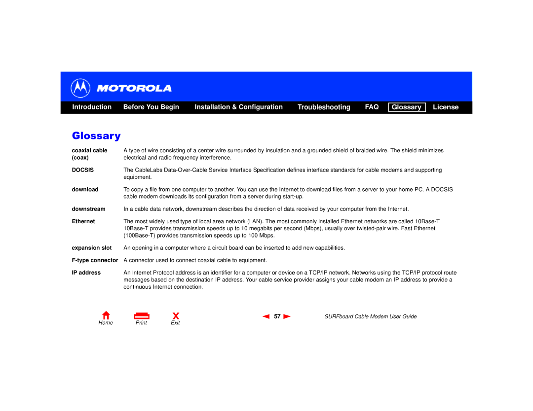 Motorola SURFboard Cable Modem manual Glossary, Coaxial cable 