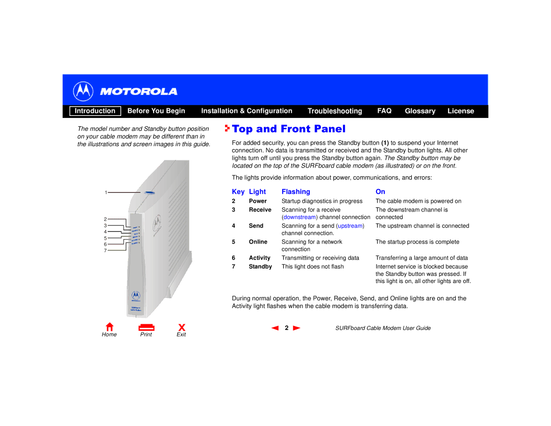 Motorola SURFboard Cable Modem manual Top and Front Panel, Key Light Flashing 