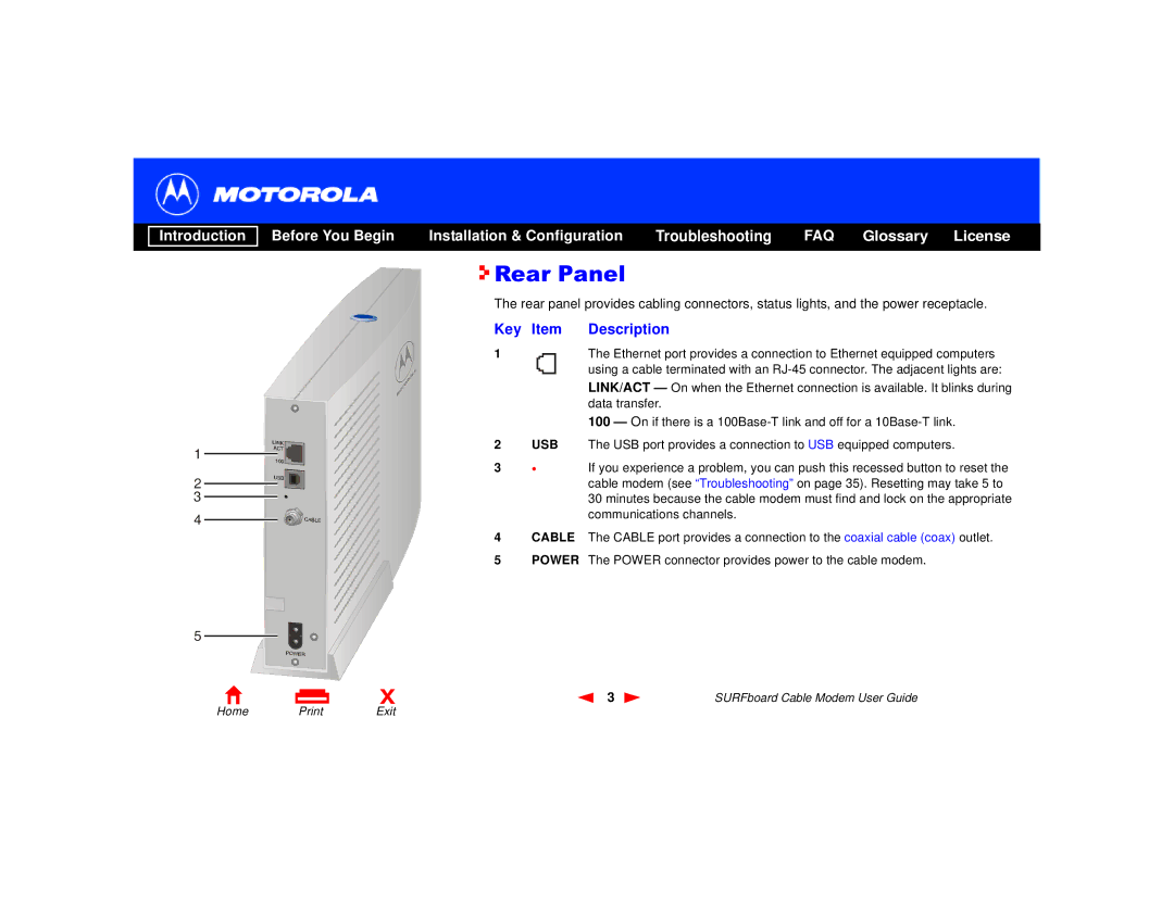 Motorola SURFboard Cable Modem manual Rear Panel, Key Item Description 