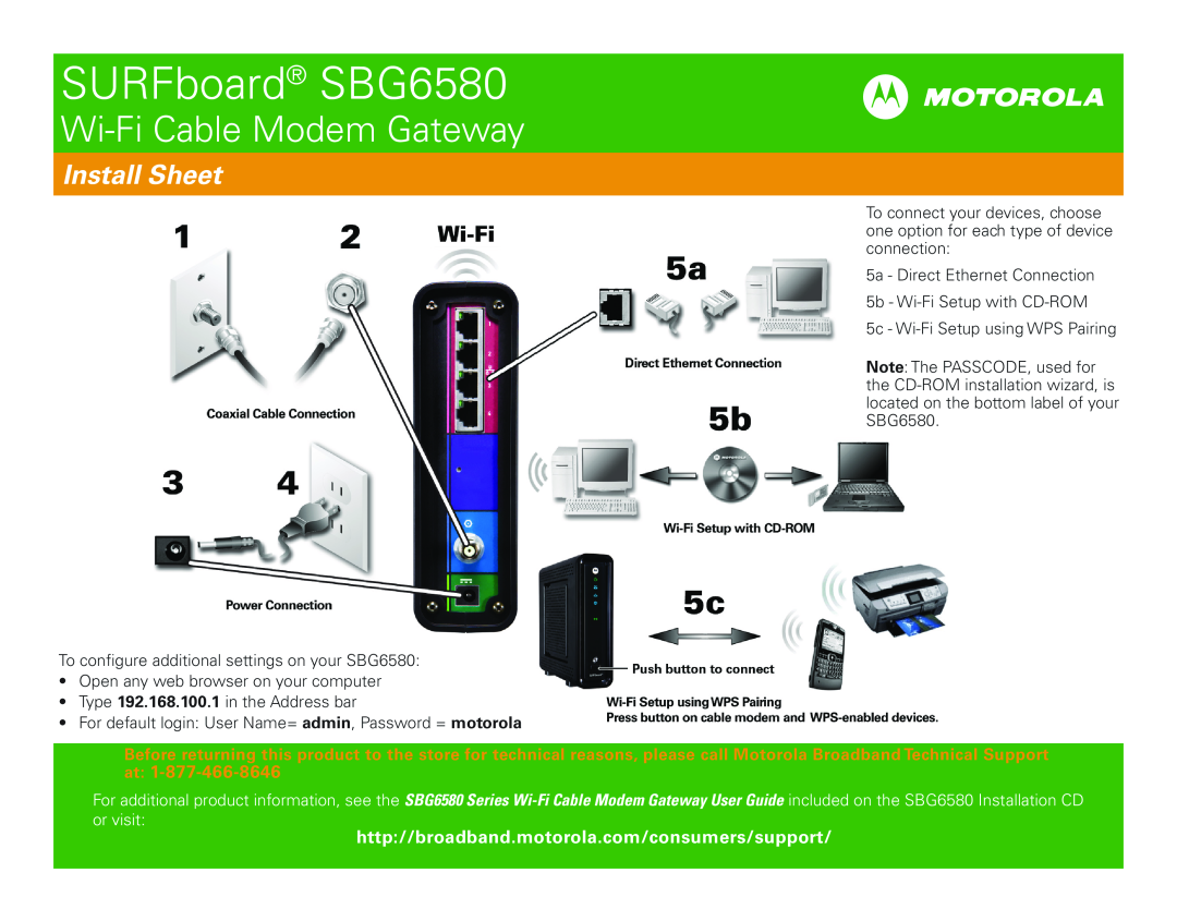 Motorola Surfboard SBG6580 manual SURFboard SBG6580, Wi-Fi Cable Modem Gateway, Install Sheet 