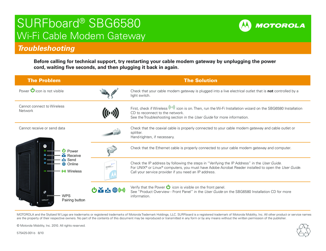 Motorola Surfboard SBG6580 manual Troubleshooting, The Problem, The Solution, SURFboard SBG6580, Wi-Fi Cable Modem Gateway 