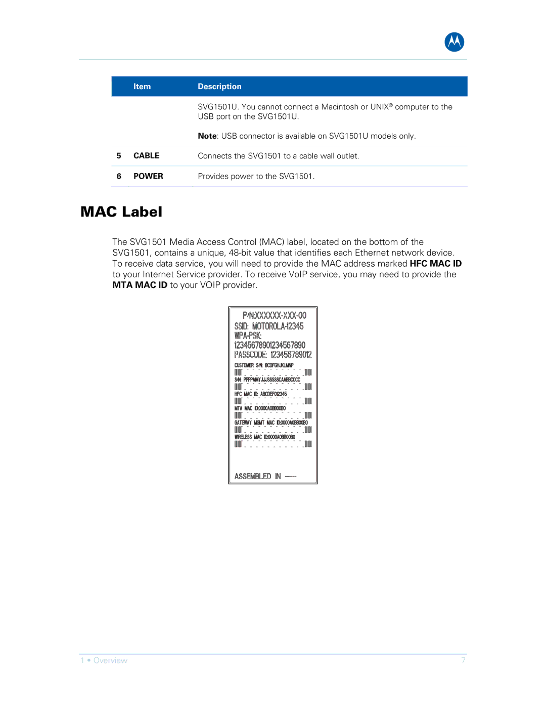 Motorola SVG1501E, SVG1501UE manual MAC Label, Cable 