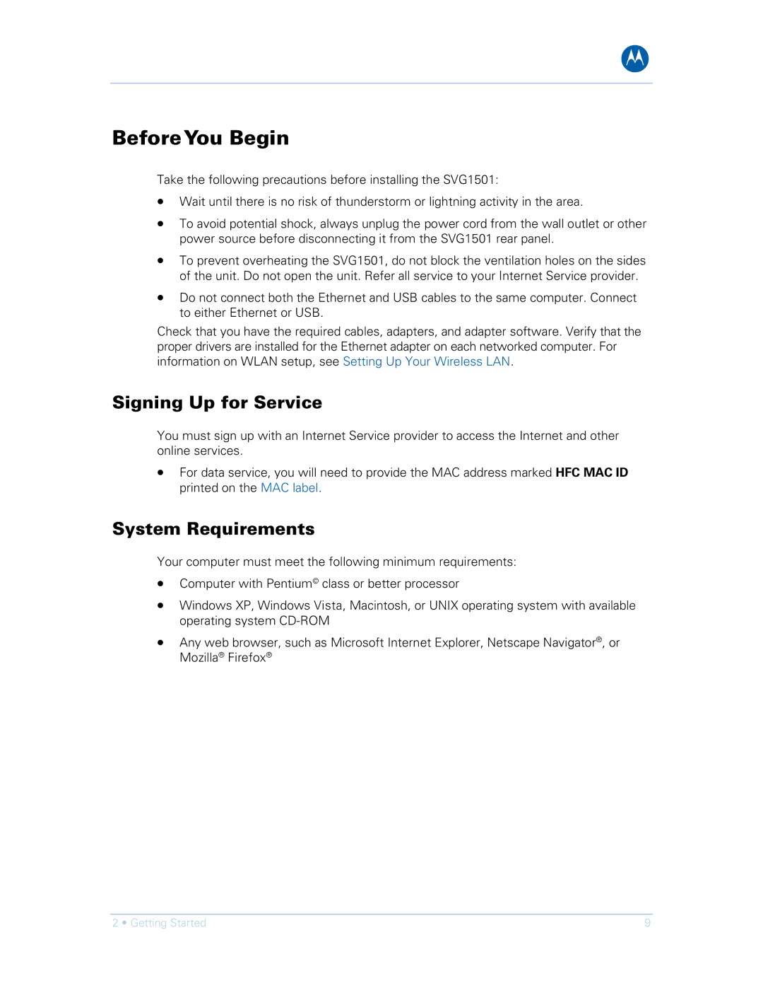 Motorola SVG1501E, SVG1501UE manual BeforeYou Begin, Signing Up for Service, System Requirements 