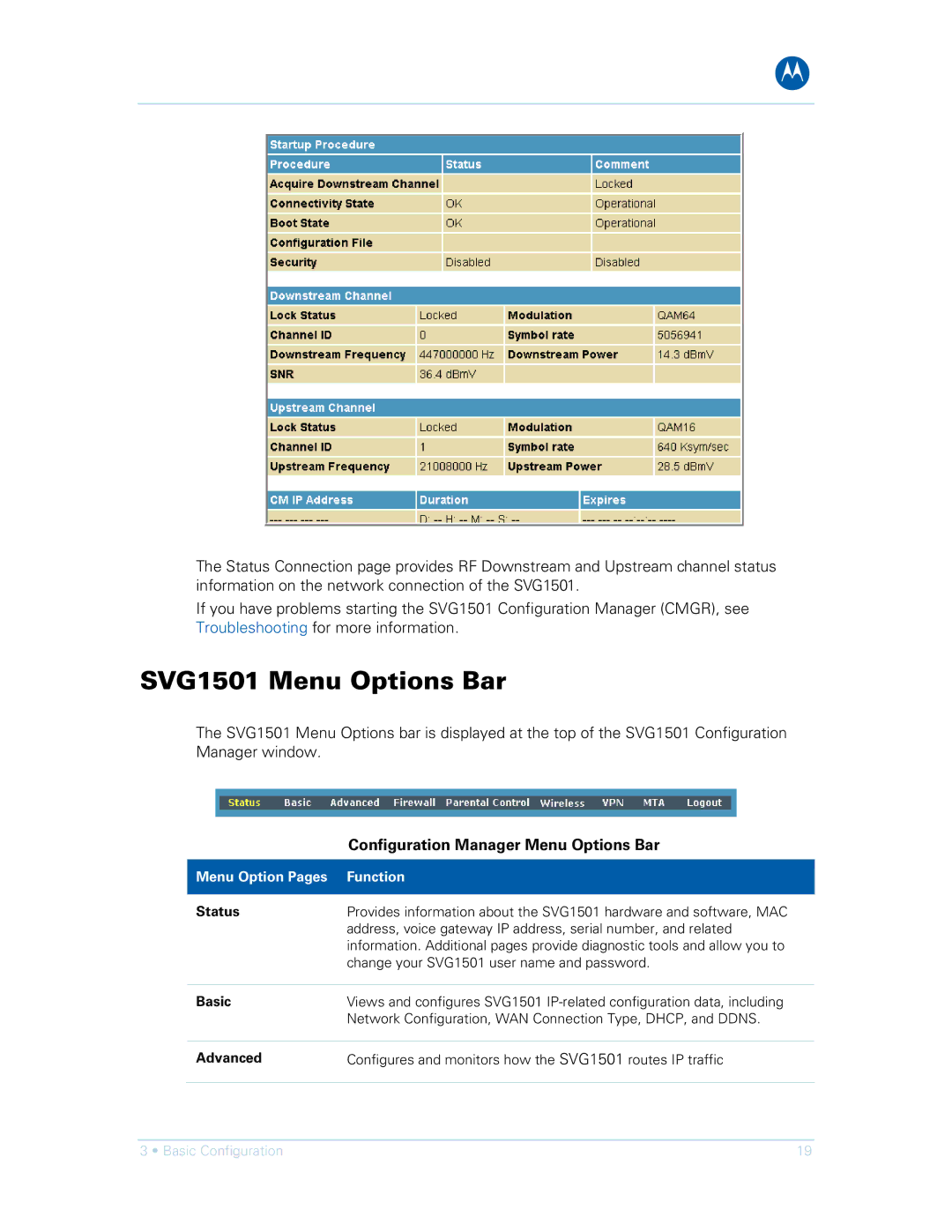 Motorola SVG1501E, SVG1501UE SVG1501 Menu Options Bar, Configuration Manager Menu Options Bar, Status, Basic, Advanced 