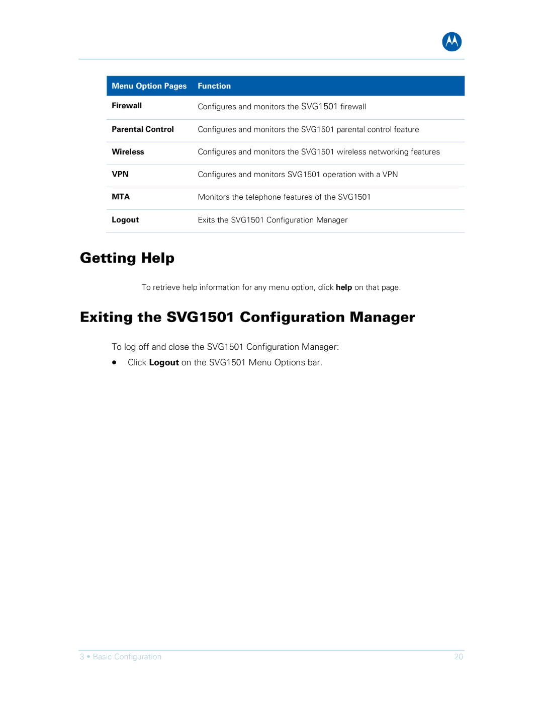 Motorola SVG1501UE, SVG1501E manual Getting Help, Exiting the SVG1501 Configuration Manager, Vpn, Mta 