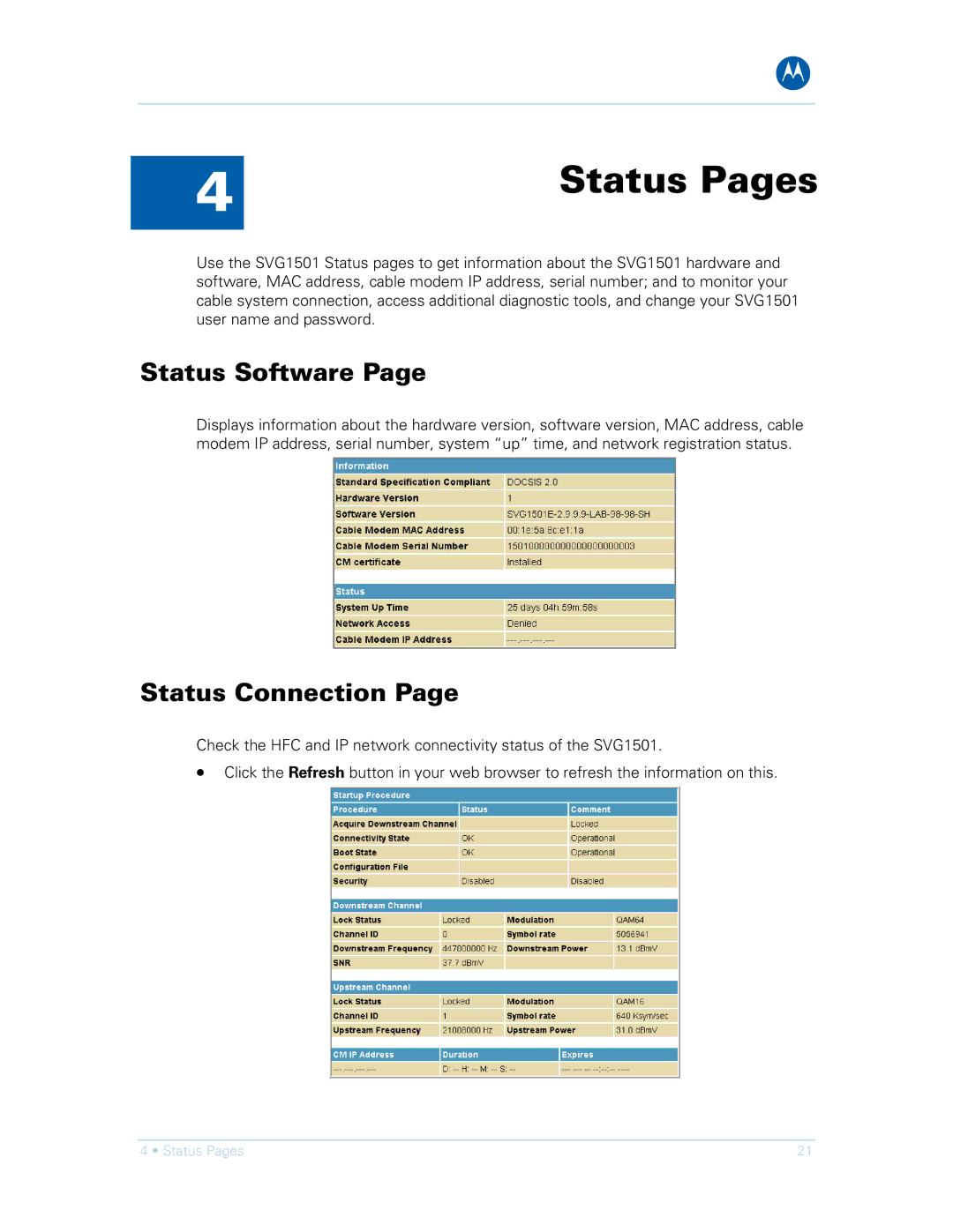 Motorola SVG1501E, SVG1501UE manual Status Pages, Status Software, Status Connection 