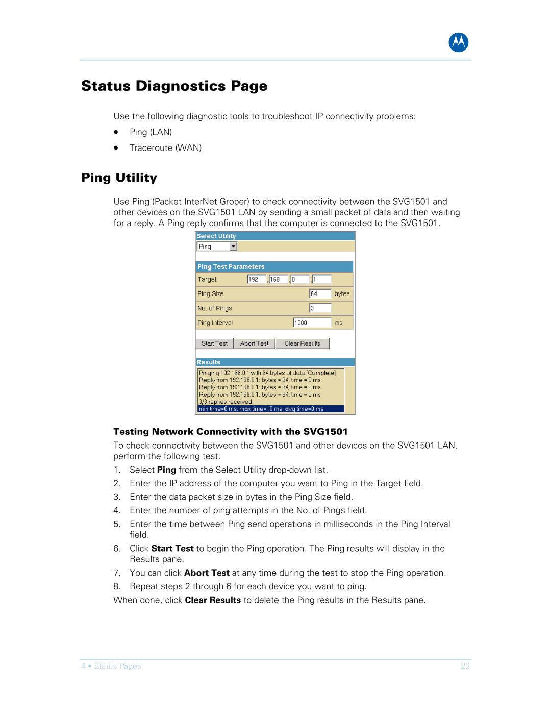 Motorola SVG1501E, SVG1501UE manual Status Diagnostics, Ping Utility, Testing Network Connectivity with the SVG1501 