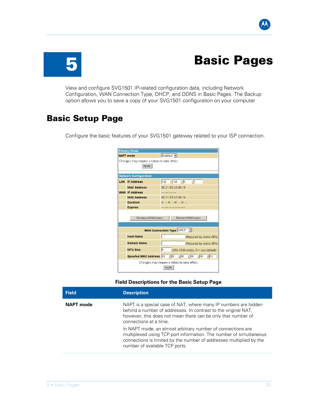 Motorola SVG1501UE, SVG1501E manual Basic Pages, Field Descriptions for the Basic Setup, Napt mode 