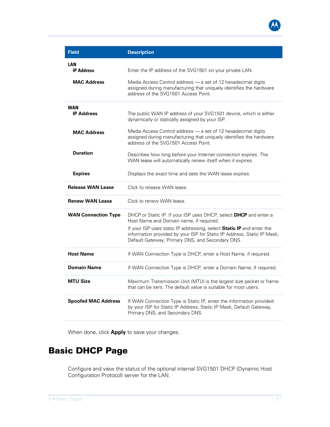 Motorola SVG1501E, SVG1501UE manual Basic Dhcp, Lan, Wan 