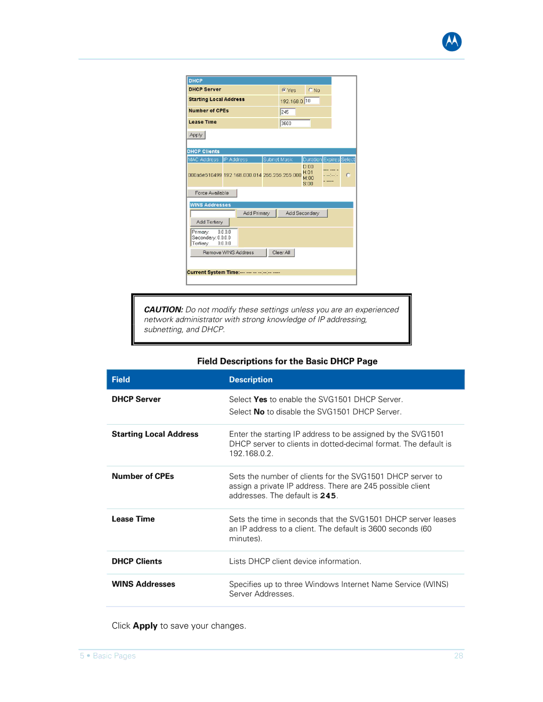 Motorola SVG1501UE, SVG1501E manual Field Descriptions for the Basic Dhcp 