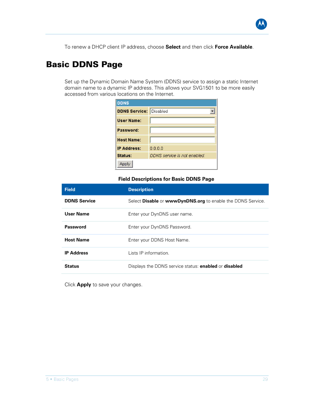 Motorola SVG1501E, SVG1501UE manual Field Descriptions for Basic Ddns 