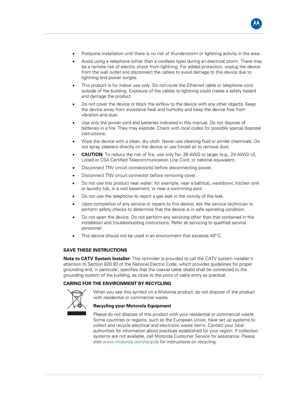 Motorola SVG1501UE, SVG1501E manual Caring for the Environment by Recycling, Recycling your Motorola Equipment 