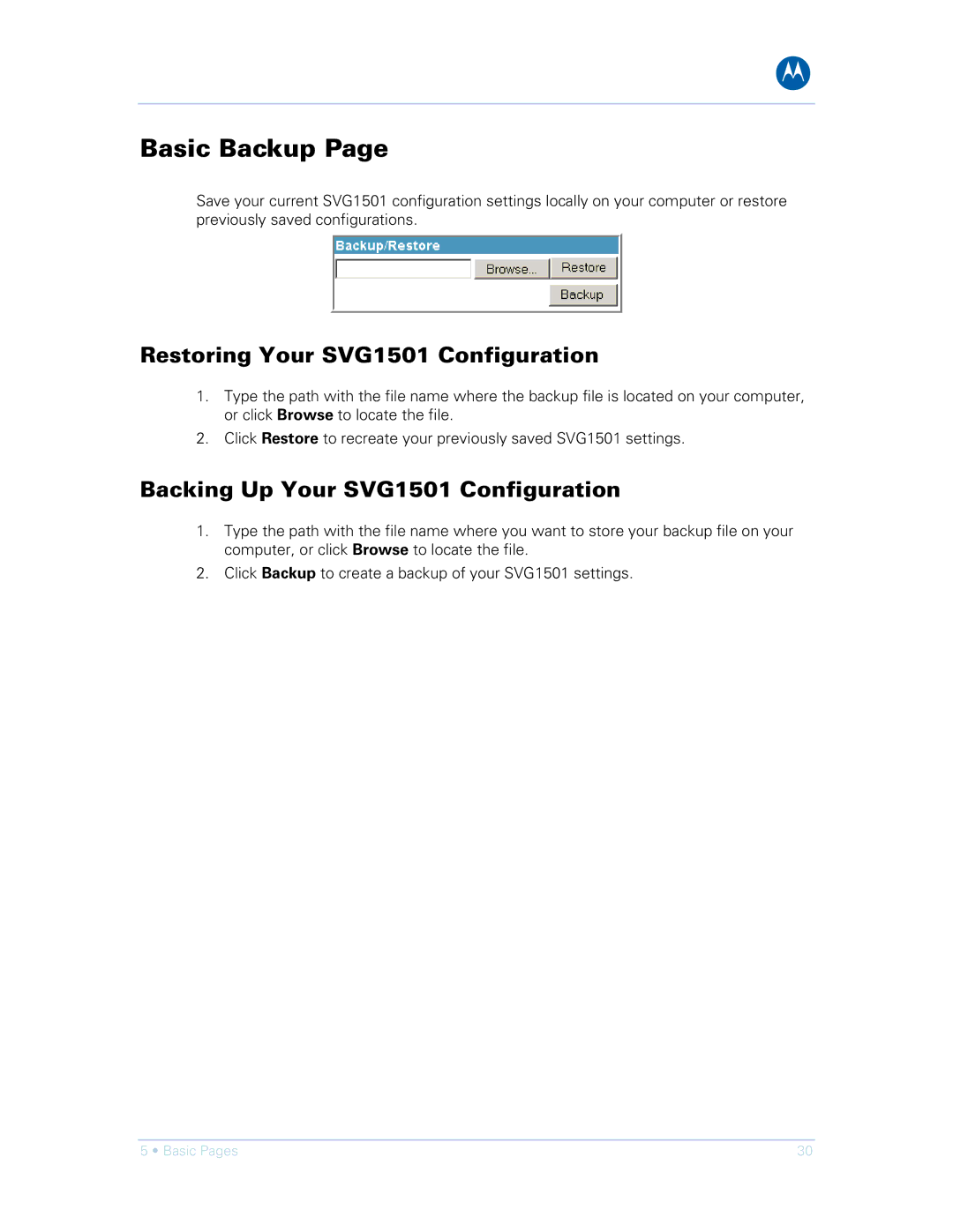 Motorola SVG1501UE, SVG1501E Basic Backup, Restoring Your SVG1501 Configuration, Backing Up Your SVG1501 Configuration 