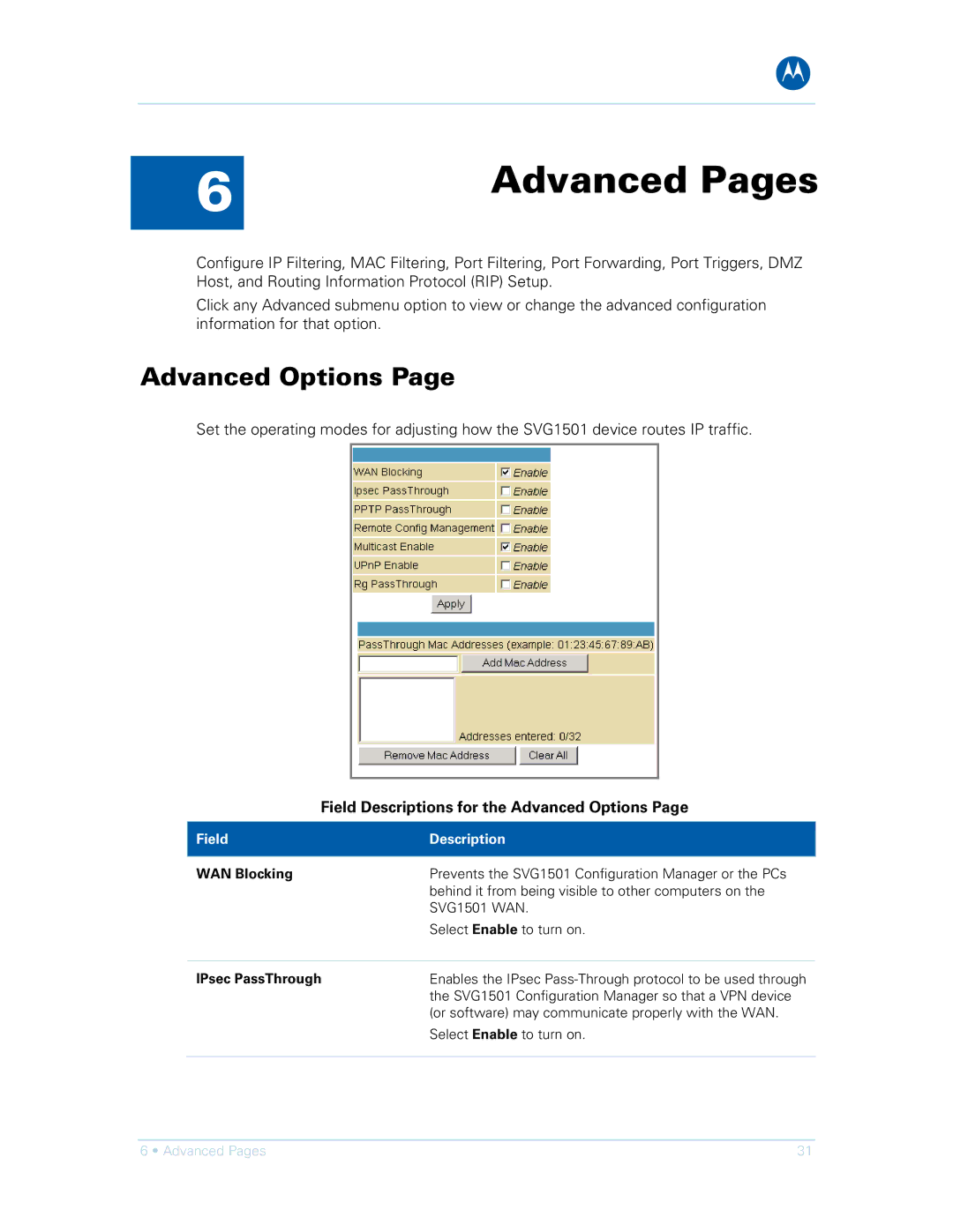 Motorola SVG1501E manual Advanced Pages, Field Descriptions for the Advanced Options, WAN Blocking, IPsec PassThrough 