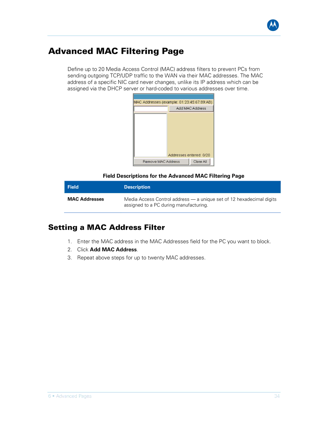 Motorola SVG1501UE, SVG1501E manual Setting a MAC Address Filter, Field Descriptions for the Advanced MAC Filtering 