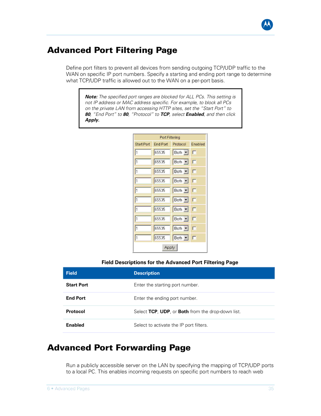 Motorola SVG1501E, SVG1501UE manual Advanced Port Forwarding, Field Descriptions for the Advanced Port Filtering 