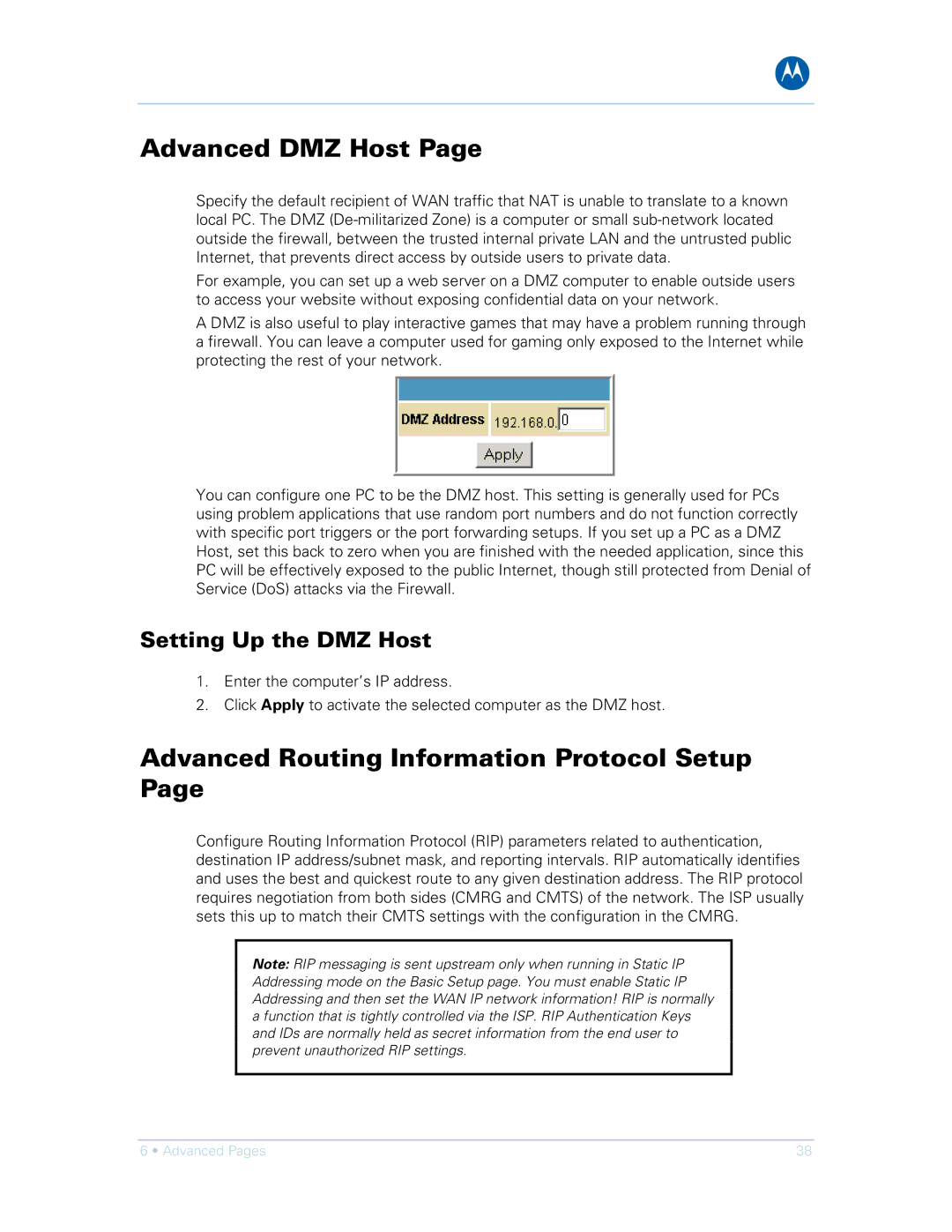 Motorola SVG1501UE, SVG1501E manual Advanced DMZ Host, Advanced Routing Information Protocol Setup, Setting Up the DMZ Host 